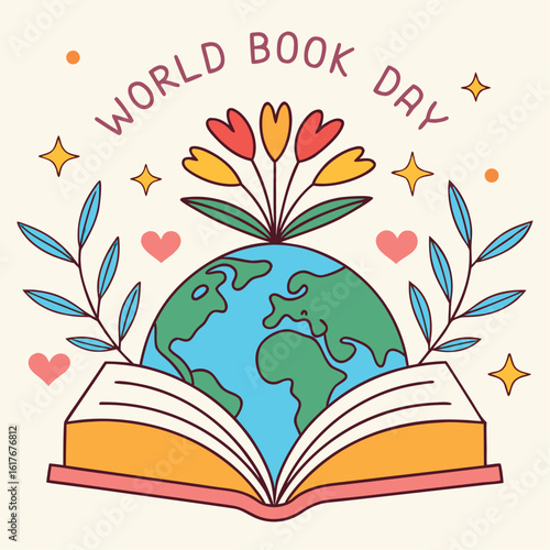 Colorful blooms sprout atop earth resting inside an open book, celebrating world book day