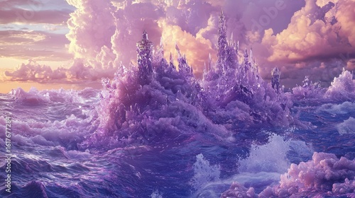 Fantastical purple structures rising from a stormy sea.