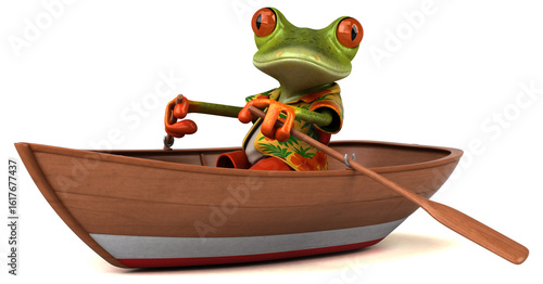 Fun 3D cartoon frog on a boat illustration
