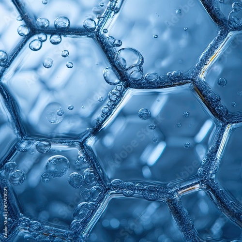 Abstract close-up of hexagonal patterns in a translucent, light-blue liquid, with air bubbles