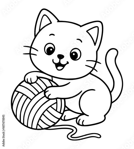 Vector Line Art of Cute Kitten Playing with Yarn Ball – Printable Coloring Page for Kids and Cat Lovers
