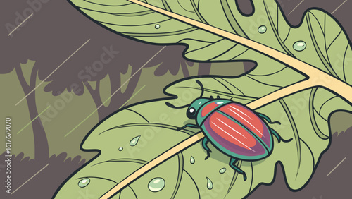A colorful beetle rests on a wet leaf during a rain shower