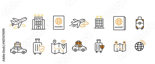 Travel and tourism icon ,,Thin line editable stroke icons for  travel , location , transport , global , suitcase , plane 