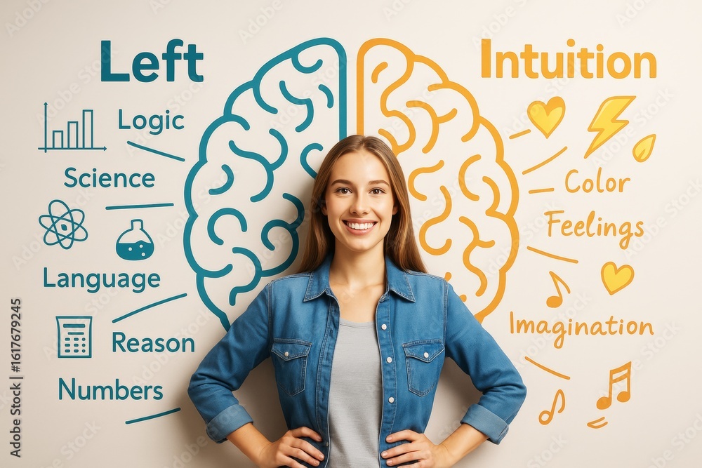 Obraz premium Woman standing in front of brain illustration showing left logic and right intuition concepts with educational icons on light background. Ai generative.