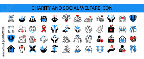 Charity and social welfare icon set. Thin line editable stroke icons for philanthropic giving, nonprofit organizations, volunteering, donation, community support, humanitarian aid, and global relief