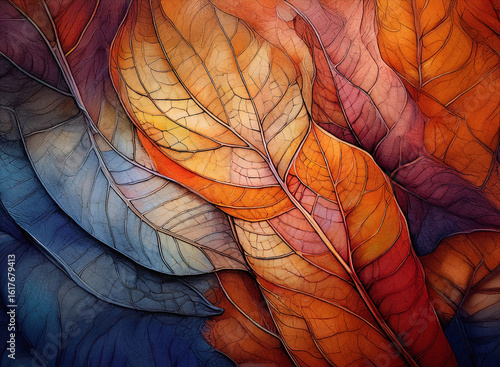 Abstract background of colorful autumn leaves in warm orange, red, and yellow hues, with blue, creating a vibrant natural pattern.