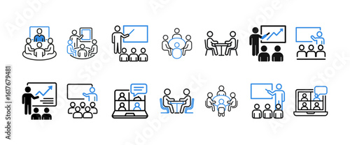 Meeting collaboration icon set. Thin line editable stroke for meeting collaboration online meet global connection 