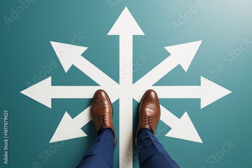 Businessman standing with multiple direction arrows under feet on teal background symbolizing decision making and strategic business choices.