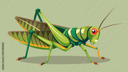 Stylized green grasshopper illustration with detailed wings and red eyes