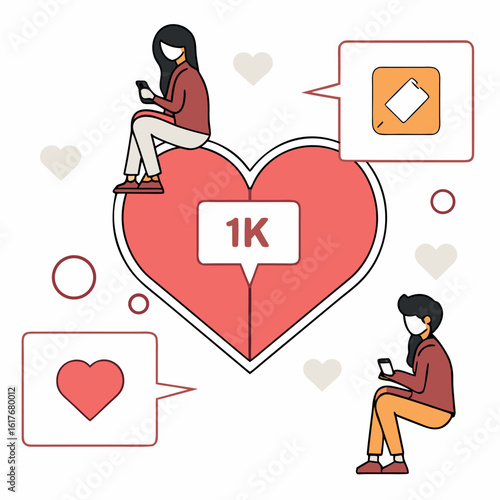 Two faceless figures interact with social media atop a heart featuring a transparent background