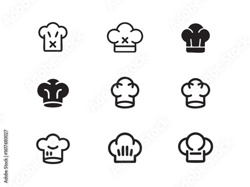 Nine black and white chef hat icons in a grid cooking culinary