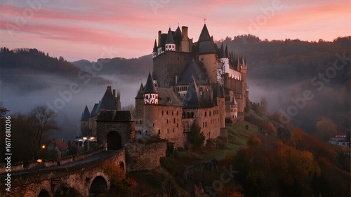 Ethereal castle nestled in misty valley with vibrant sunset sky, ideal for travel, tourism, and historical storytelling