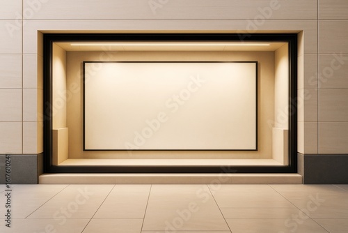 Empty lighted shop window display with blank poster frame for advertising and branding mockup in modern urban business building interior wall.