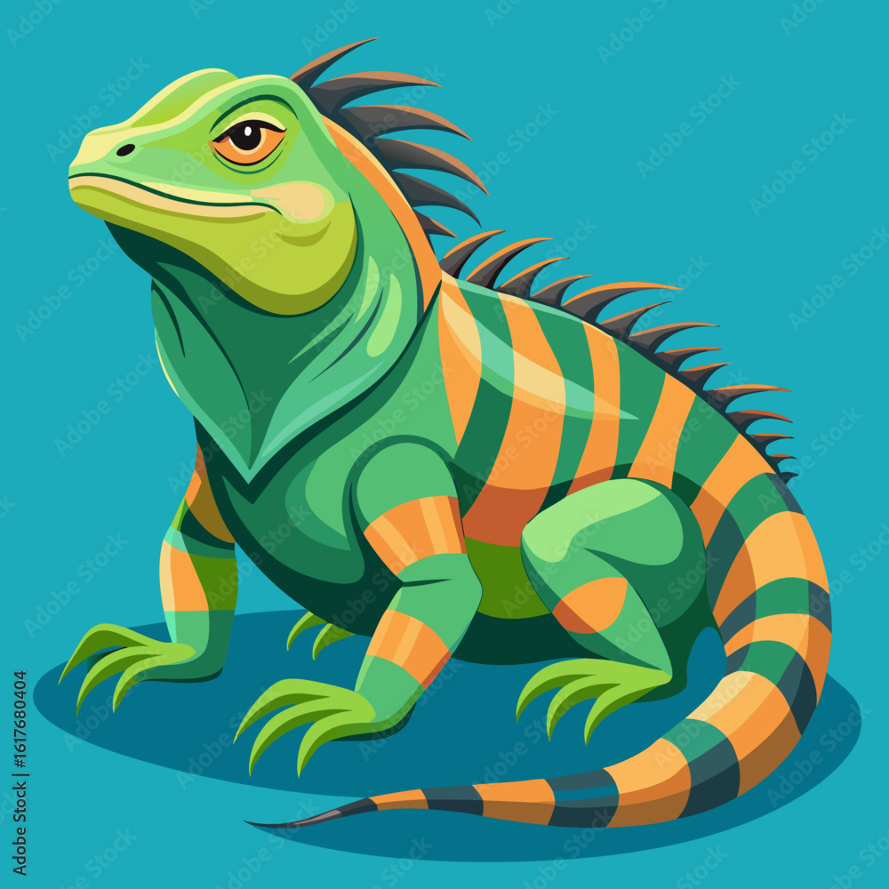 Fototapeta premium Vibrant green iguana with orange stripes on blue background