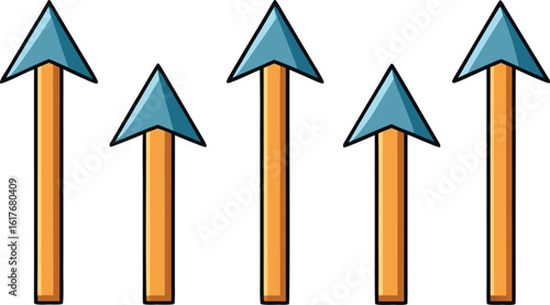 Five upward pointing arrows with blue tips on transparent background