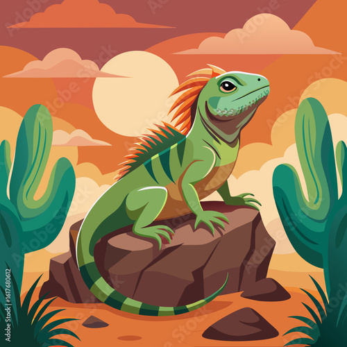 Green iguana resting on a rock in a desert landscape