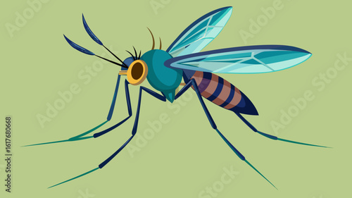 Stylized illustration of a mosquito with blue wings and striped body