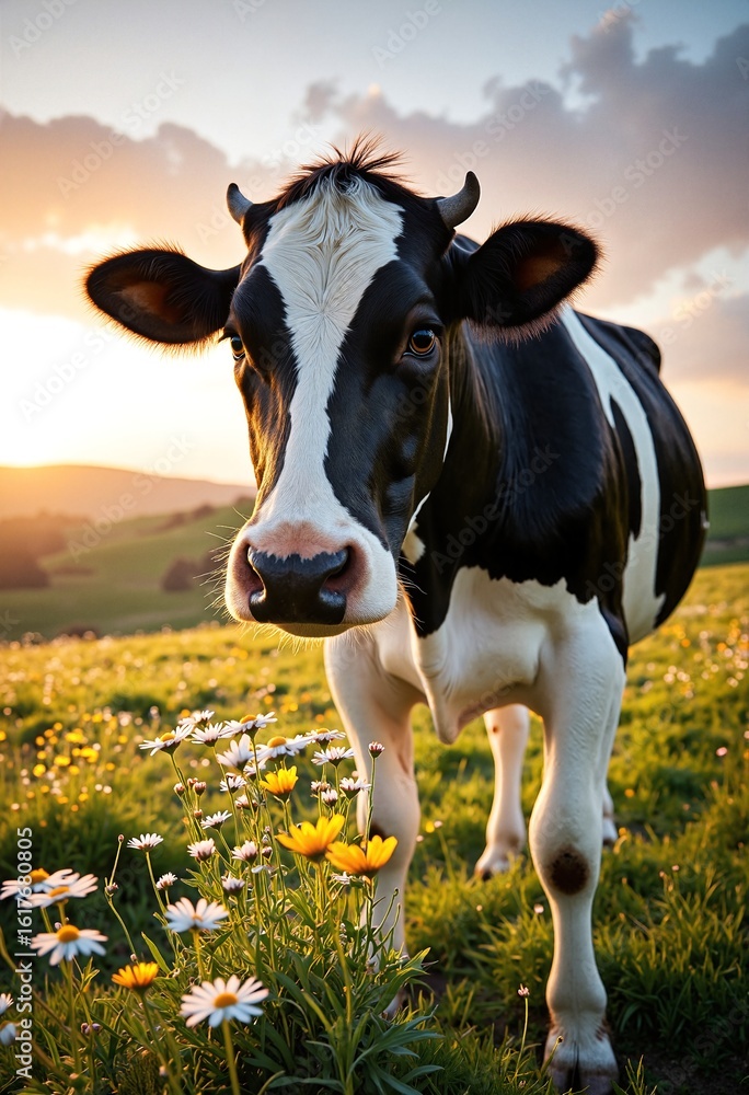 A majestic cow stands gracefully in a sunlit meadow at golden hour, its glossy black-and-white coat glistening with dew A majestic cow stands gracefully in a sunlit meadow at golden hour, its glossy black-and-white coat glistening with dew