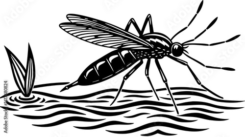 Mosquito resting on water with reeds illustration