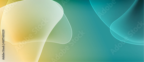 Abstract background features flowing shapes, soft colors. Yellow, teal hues blend seamlessly creating calming visual effect.