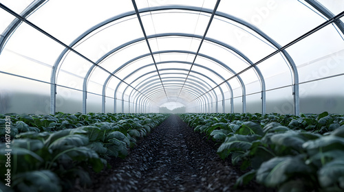 Greenhouse filled with rows of young leafy greens.  A long,  tunnel-like structure, clear  plastic panels,  dark soil,  evenly spaced plants