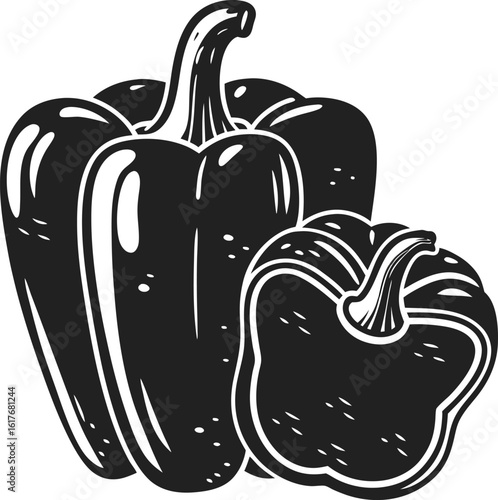 Black and white bell pepper illustration whole and halved capsicum with detailed vintage engraving for vegetable design