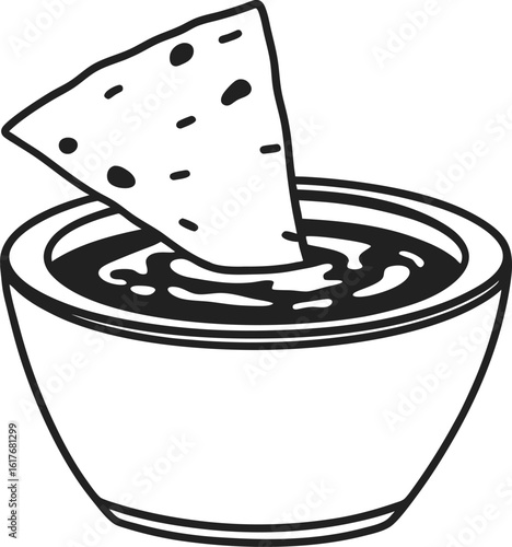 Tortilla chip dipped in salsa snack food illustration, simple monochrome bowl with chip, appetizer, casual eating concept