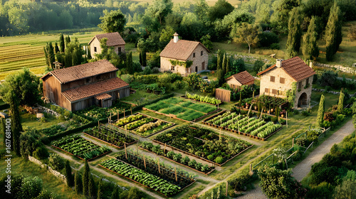 High-angle view of a picturesque Italian countryside farm.  Well-tended vegetable gardens are meticulously arranged in rows.  Several farm buildings, with terracotta roofs, sit amidst the greenery
