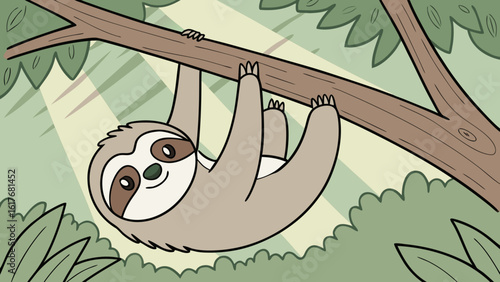 Cute cartoon sloth hanging upside down from a tree branch in a lush forest