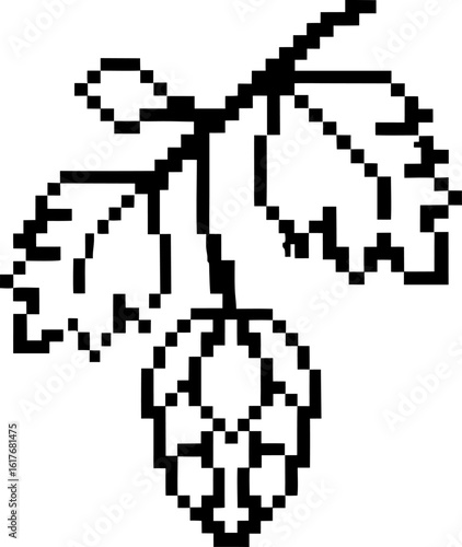 Pixel art hop cone and leaves monochrome stylized botanical design, brewing ingredient, digital nature illustration