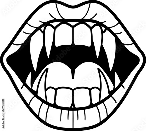 Vampire mouth open with sharp fangs horror monster teeth, black and white illustration, expressive facial expression, gothic fantasy