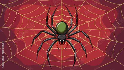 Stylized black spider with green abdomen on a red spiderweb