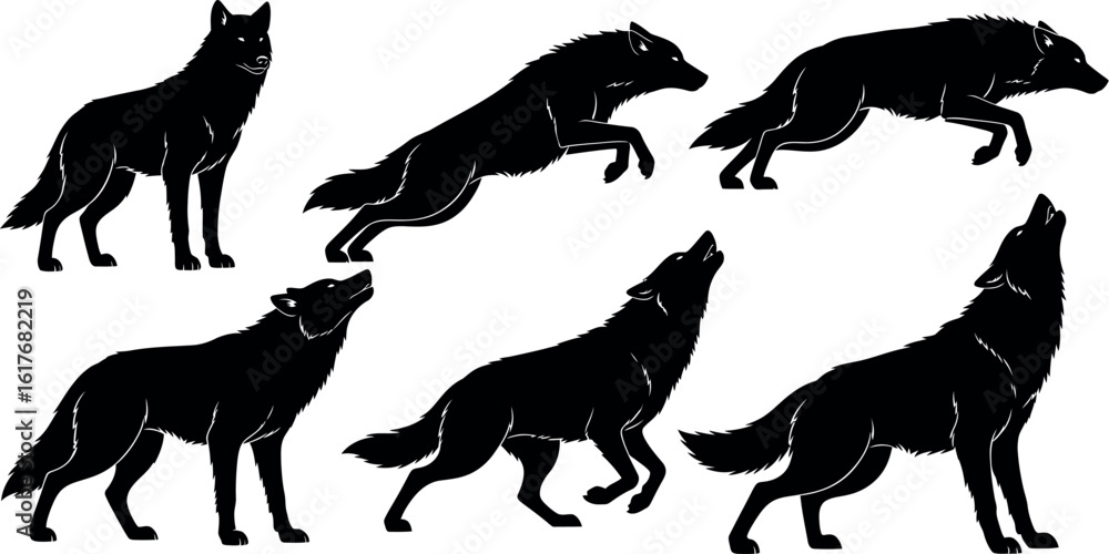 Naklejka premium Collection of six dynamic wolf poses in a stark black silhouette style on a white background