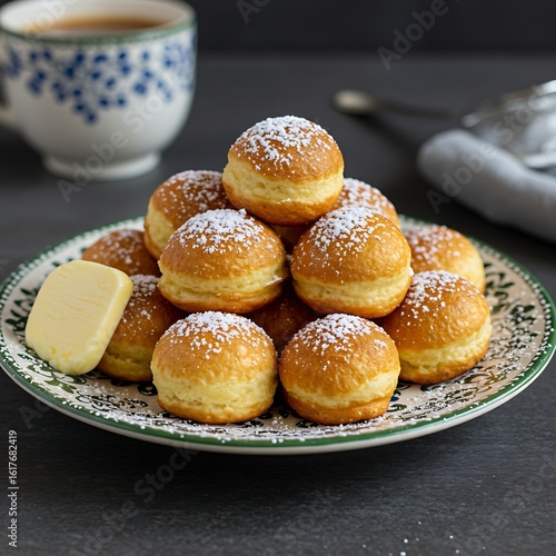 Wallpaper Mural Golden-brown and fluffy Dutch Poffertjes (mini pancakes), piled high and dusted with powdered sugar, served with a small knob of butter on a decorative ceramic plate Torontodigital.ca