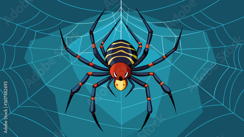 Stylized spider with yellow stripes on a web
