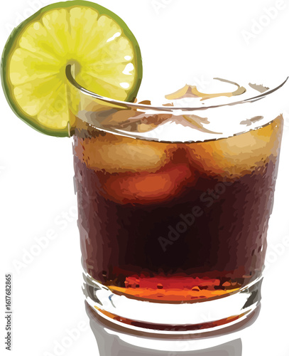 Refreshing cola beverage with ice cubes in a clear glass, garnished with a vibrant lime slice, perfect for summer refreshment and cocktail creations.