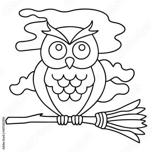 Cartoon owl perched on witch broomstick with wispy clouds flying