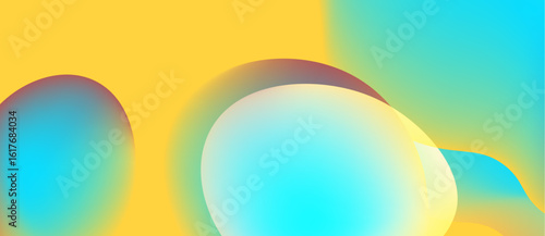 Abstract colorful shapes overlap. Yellow, turquoise, purple hues blend smoothly creating soft gradients. Minimalist design evokes calm feeling.