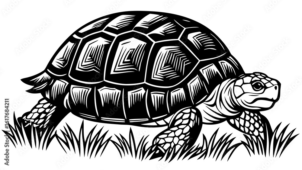 Fototapeta premium Detailed black and white illustration of a tortoise walking through grass