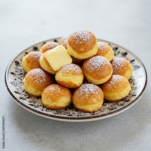 Wallpaper Mural  Golden-brown and fluffy Dutch Poffertjes (mini pancakes), piled high and dusted with powdered sugar, served with a small knob of butter on a decorative ceramic plate Torontodigital.ca