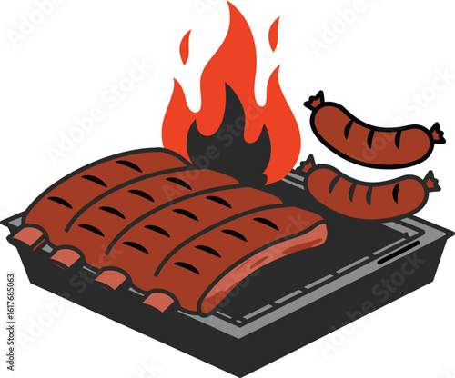 Ribs and sausages on the grill with fire isolated on white background, a delicious barbecue meal