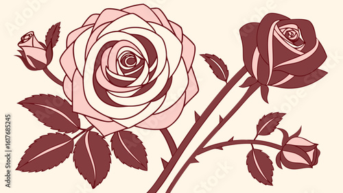 Illustration of two roses and two rosebuds with leaves and thorns in shades of red and pink hues