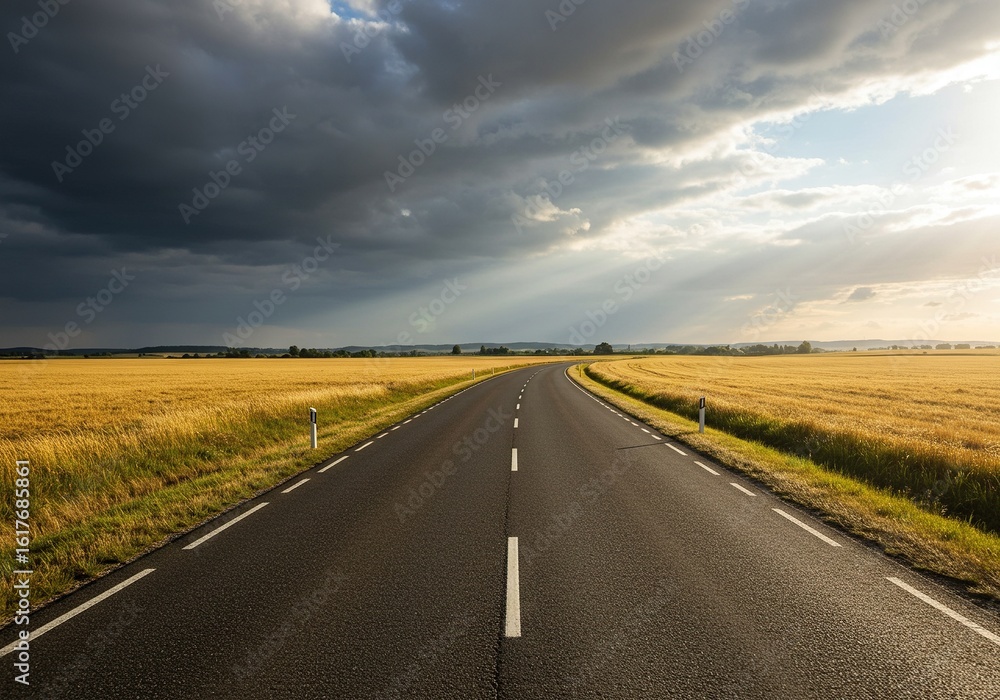 Fototapeta premium A long road stretches through golden fields under a dramatic sky