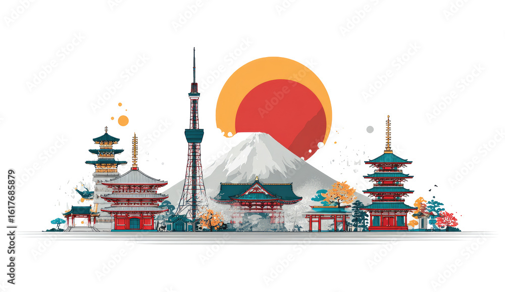 Fototapeta premium Japan skyline illustration, iconic landmarks