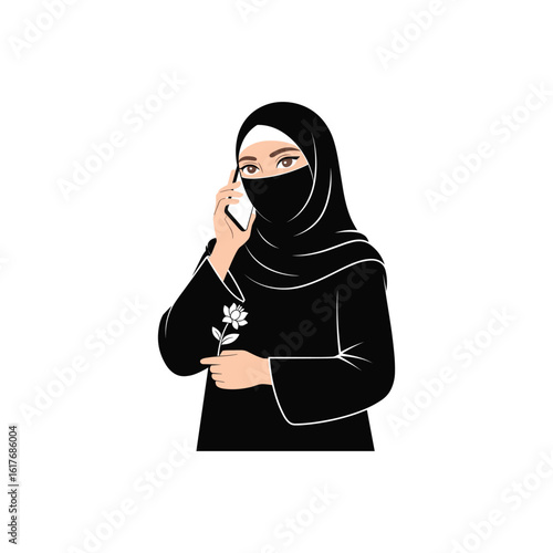 Muslim Woman in Niqab Holding Flower and Talking on Phone – Islamic Female Character in Modern Communication Vector

