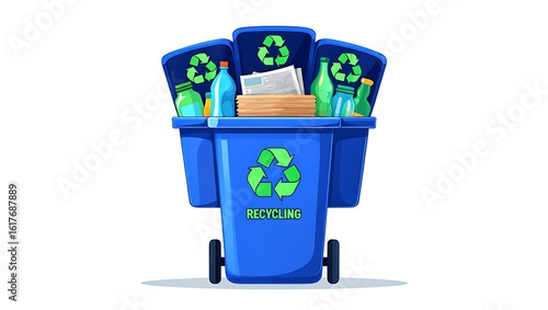 Recycling bin filled with recyclable materials isolated on white background