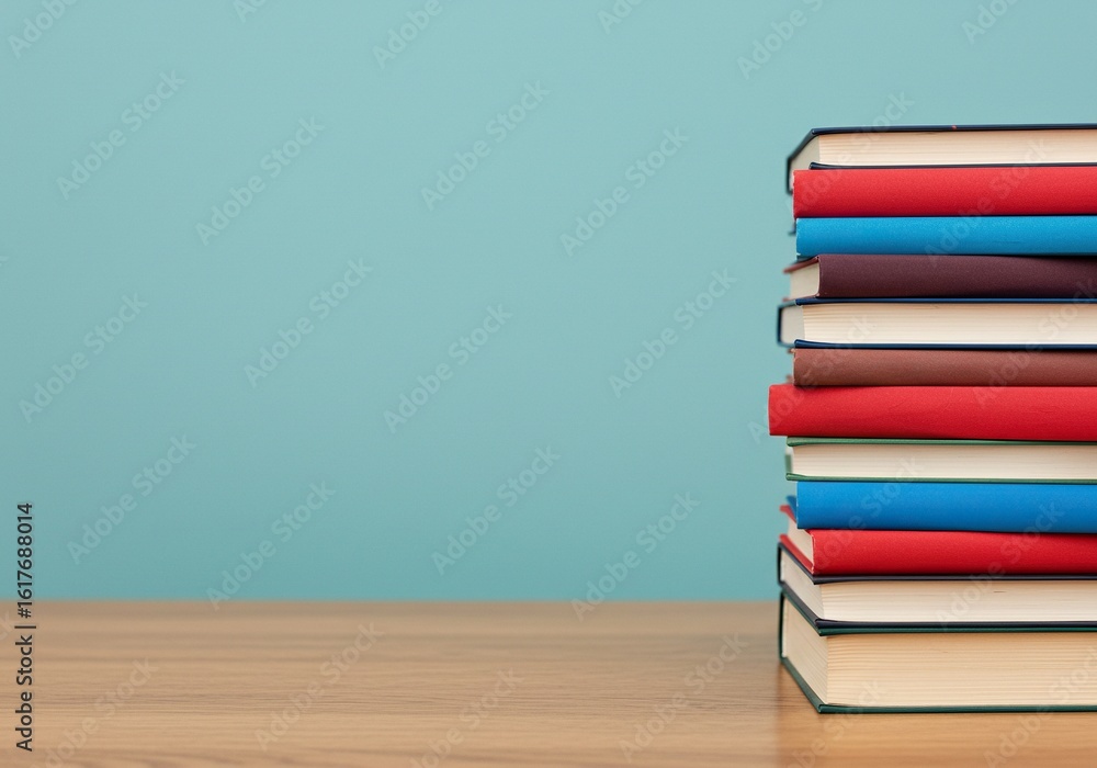 A stack of colorful books neatly arranged on a wooden table against a blue background
