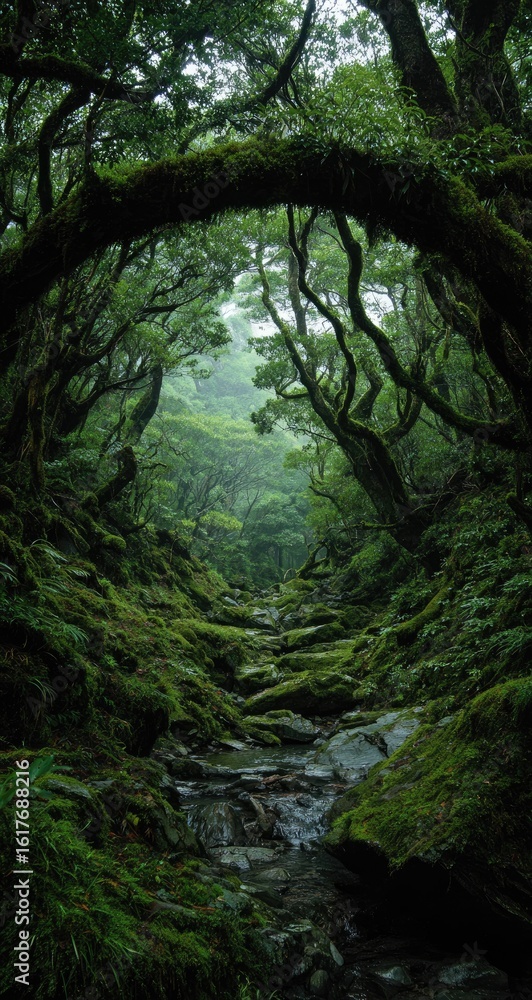 Obraz premium Lush green forest trail, mossy ravine, misty mountain background; nature wallpaper