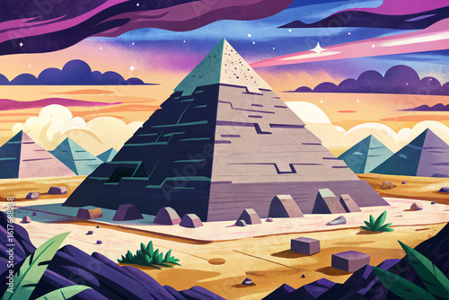 Cartoon vector illustration of the Great Pyramid of Giza in Egypt, showcasing ancient mystery, massive stone blocks, and historic desert landscape in stylized art