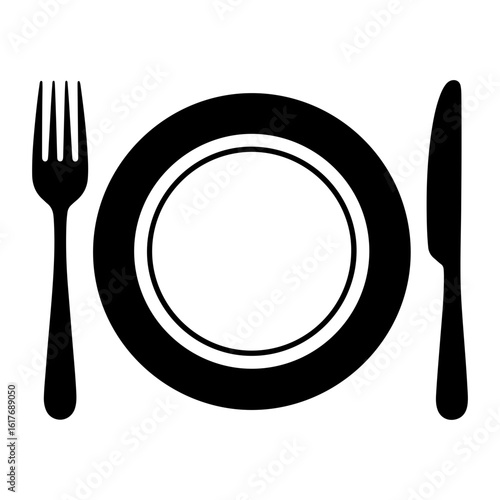 Vector illustration of a place setting with a plate fork and knife in a simple design on transparent background